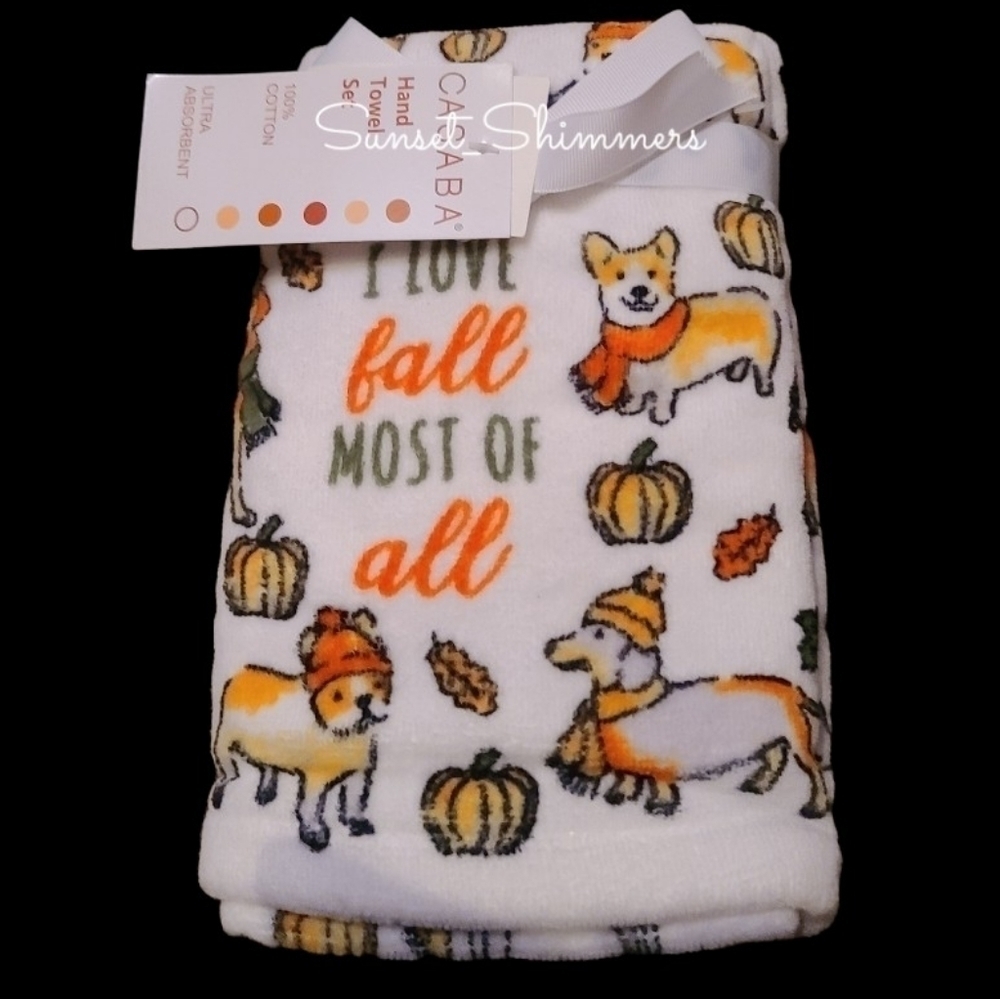 2PC Halloween Fall CORGI DACHSHUND BULLDOG RETRIEVER Pumkin Leaf Hand Towels New